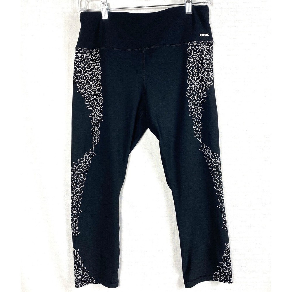 RBX Workout Leggings Black Geometric Graphic Capri Length Size Medium Black